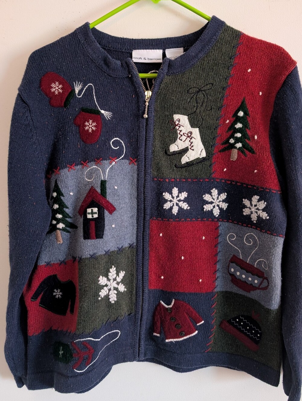 Croft & Barrow Navy Patchwork Holiday Zip Cardigan with Red and Green Accents